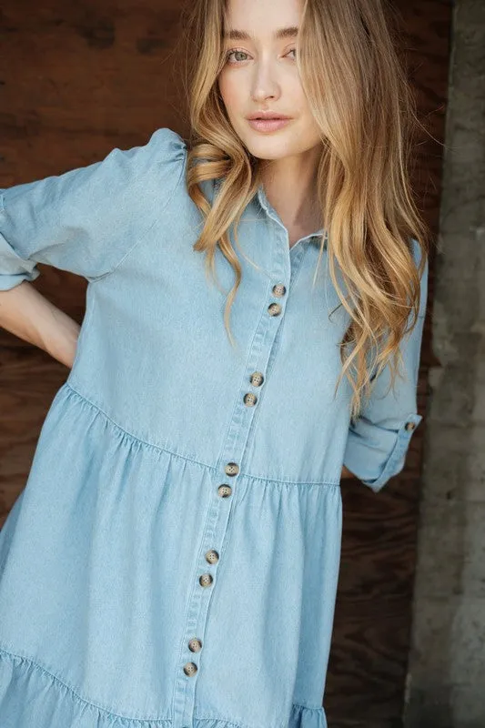 Button Down Tier Denim Dress (Blue)