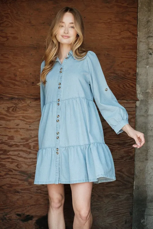 Button Down Tier Denim Dress (Blue)
