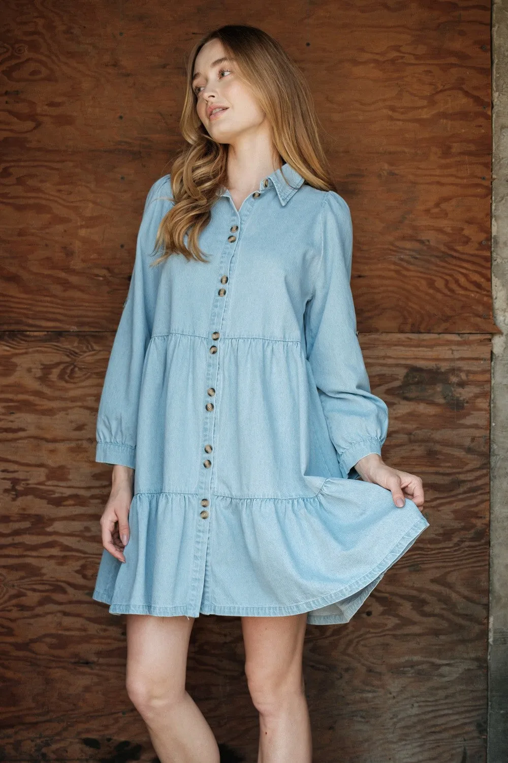 Button Down Tier Denim Dress (Blue)