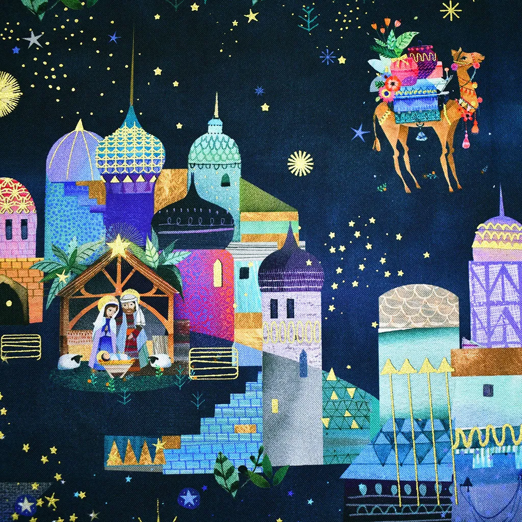 Holy Night Bethlehem Scene Metallic Digital Print Cotton Midnight