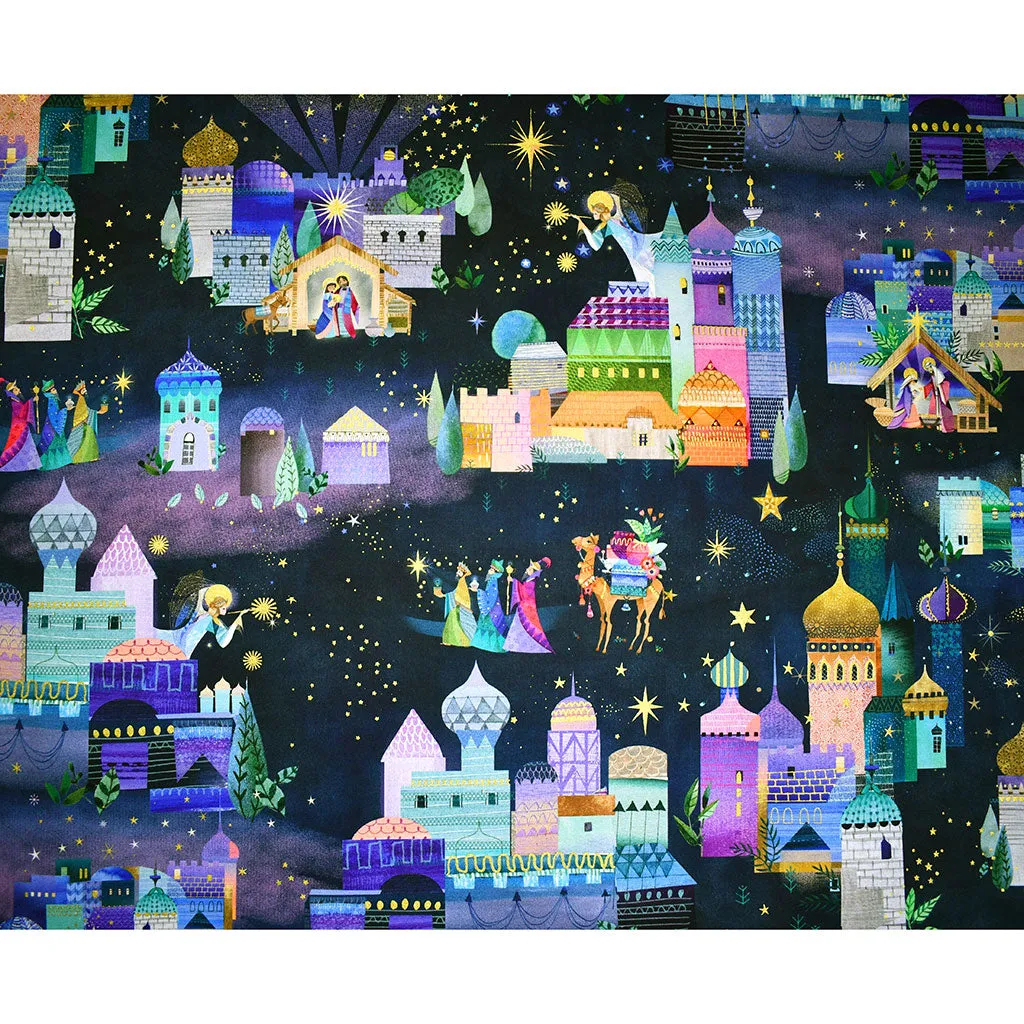 Holy Night Bethlehem Scene Metallic Digital Print Cotton Midnight