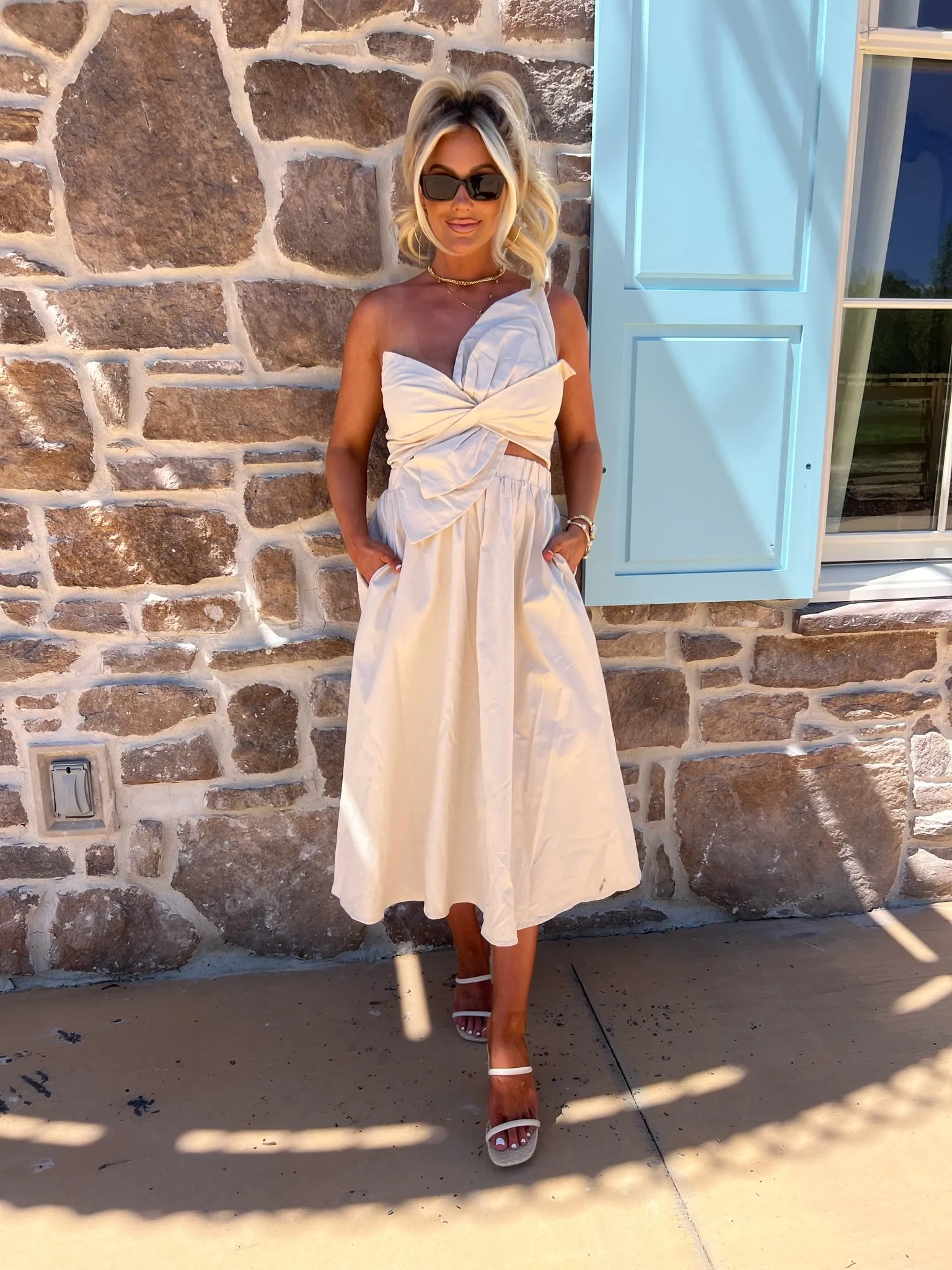 Knotted Midi Dress-Ecru