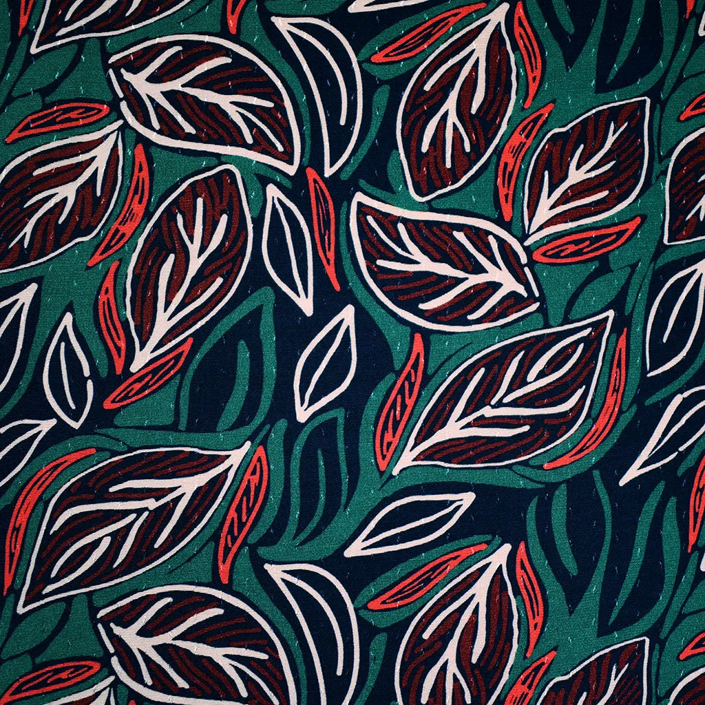 Line Drawn Leaves Rayon Dobby Navy/Teal