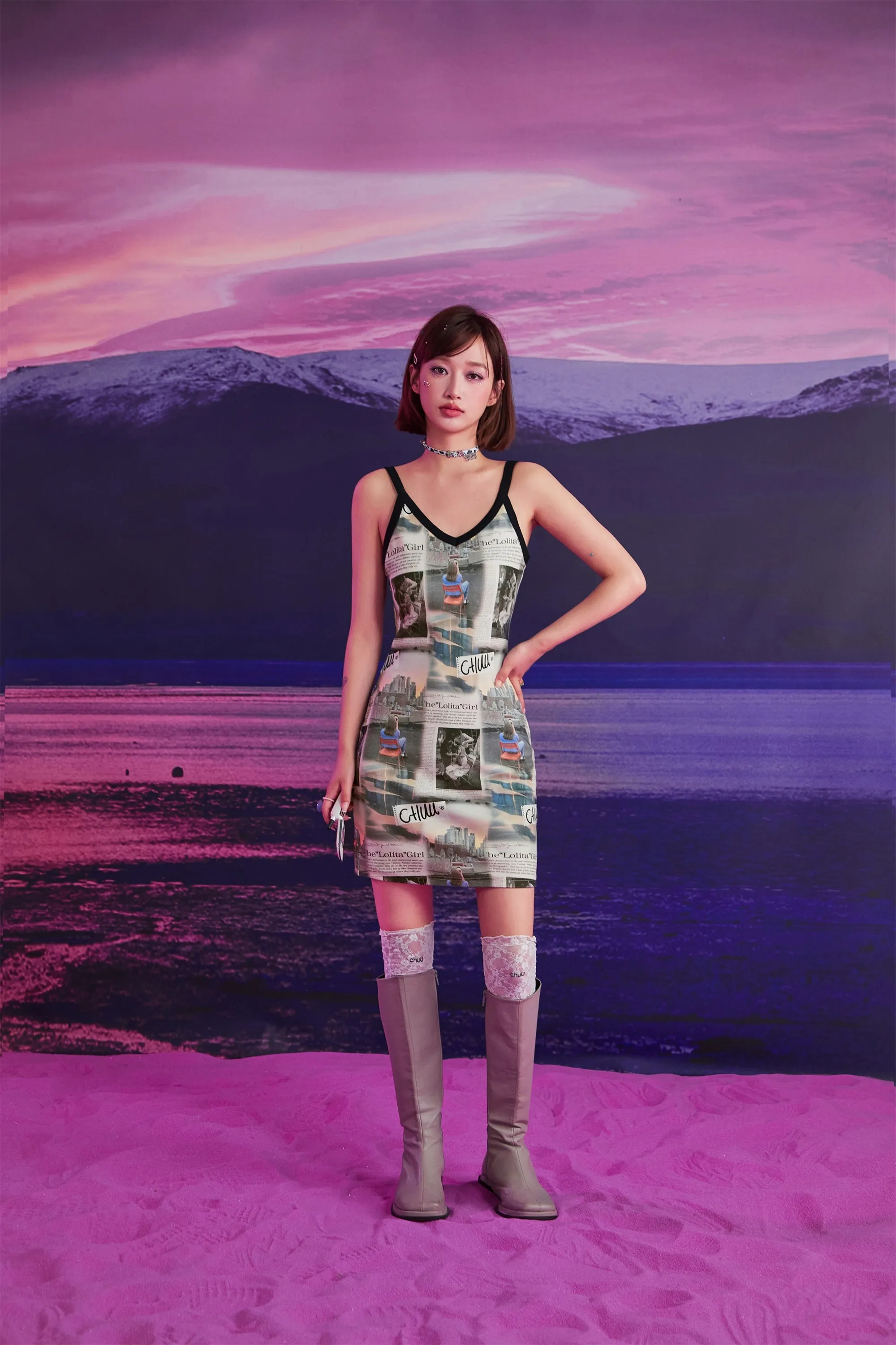 Logo Newspaper V-Neck Strap Mini Dress