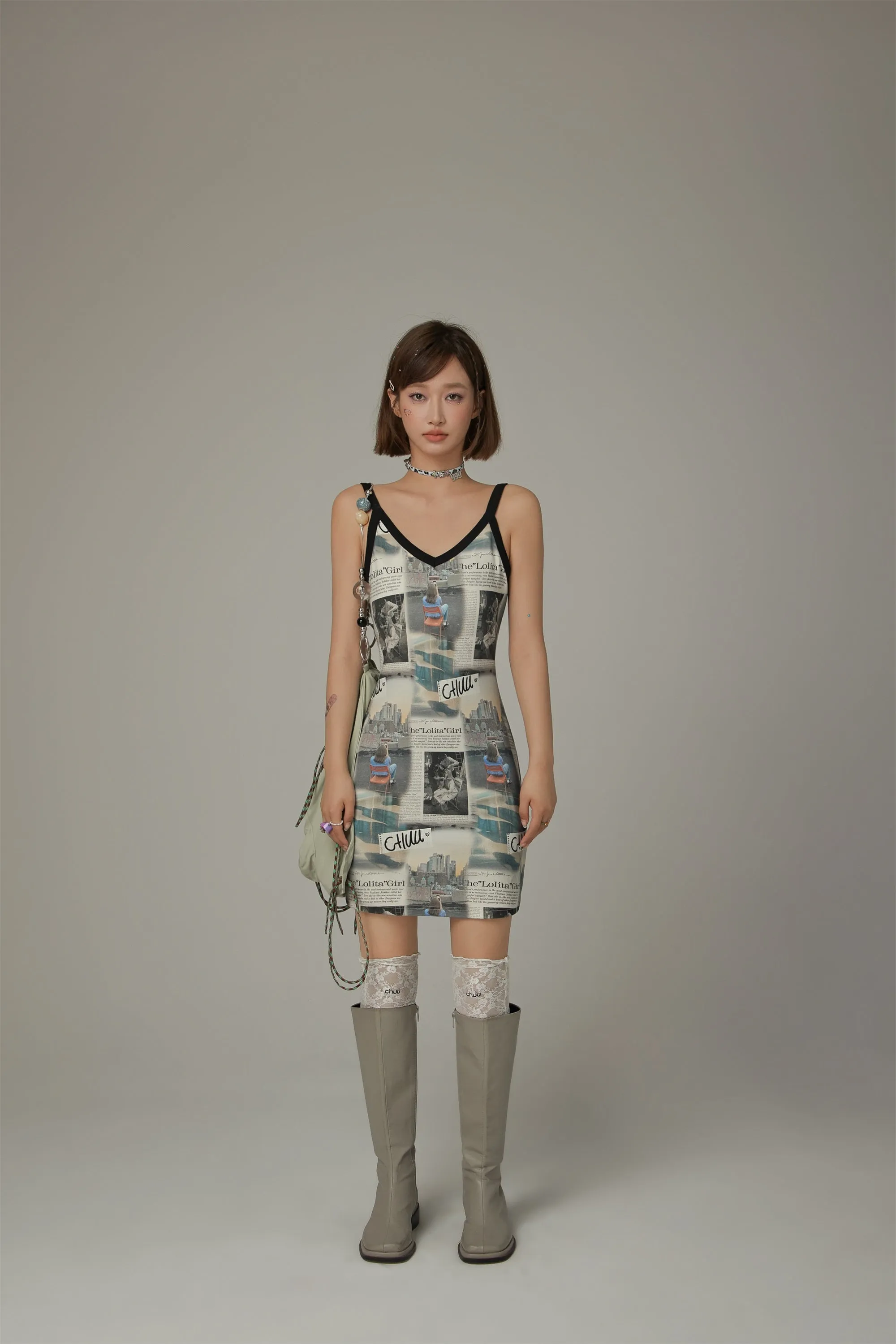 Logo Newspaper V-Neck Strap Mini Dress