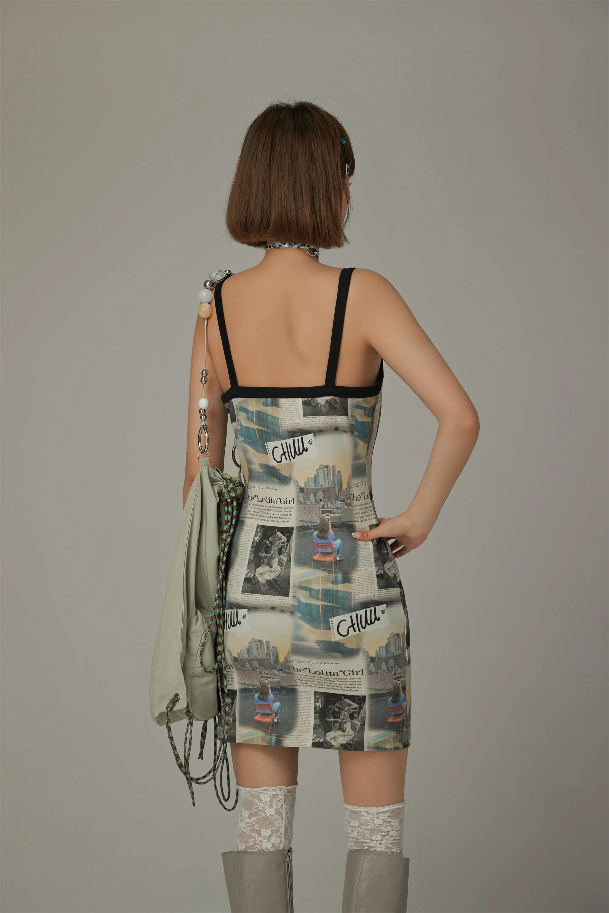 Logo Newspaper V-Neck Strap Mini Dress