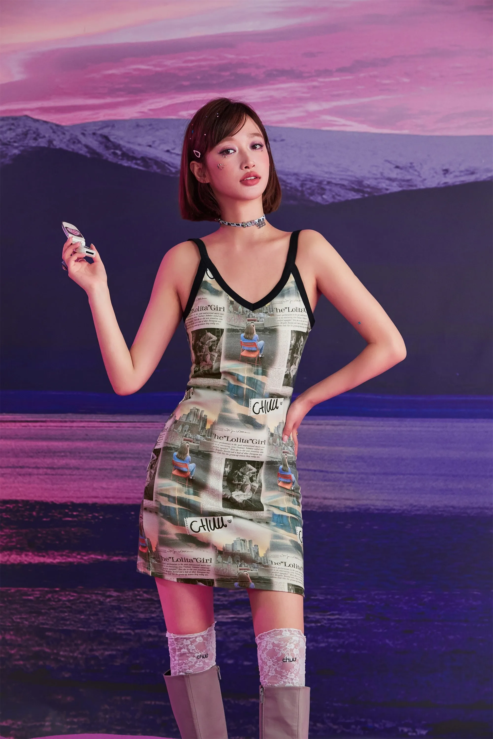 Logo Newspaper V-Neck Strap Mini Dress