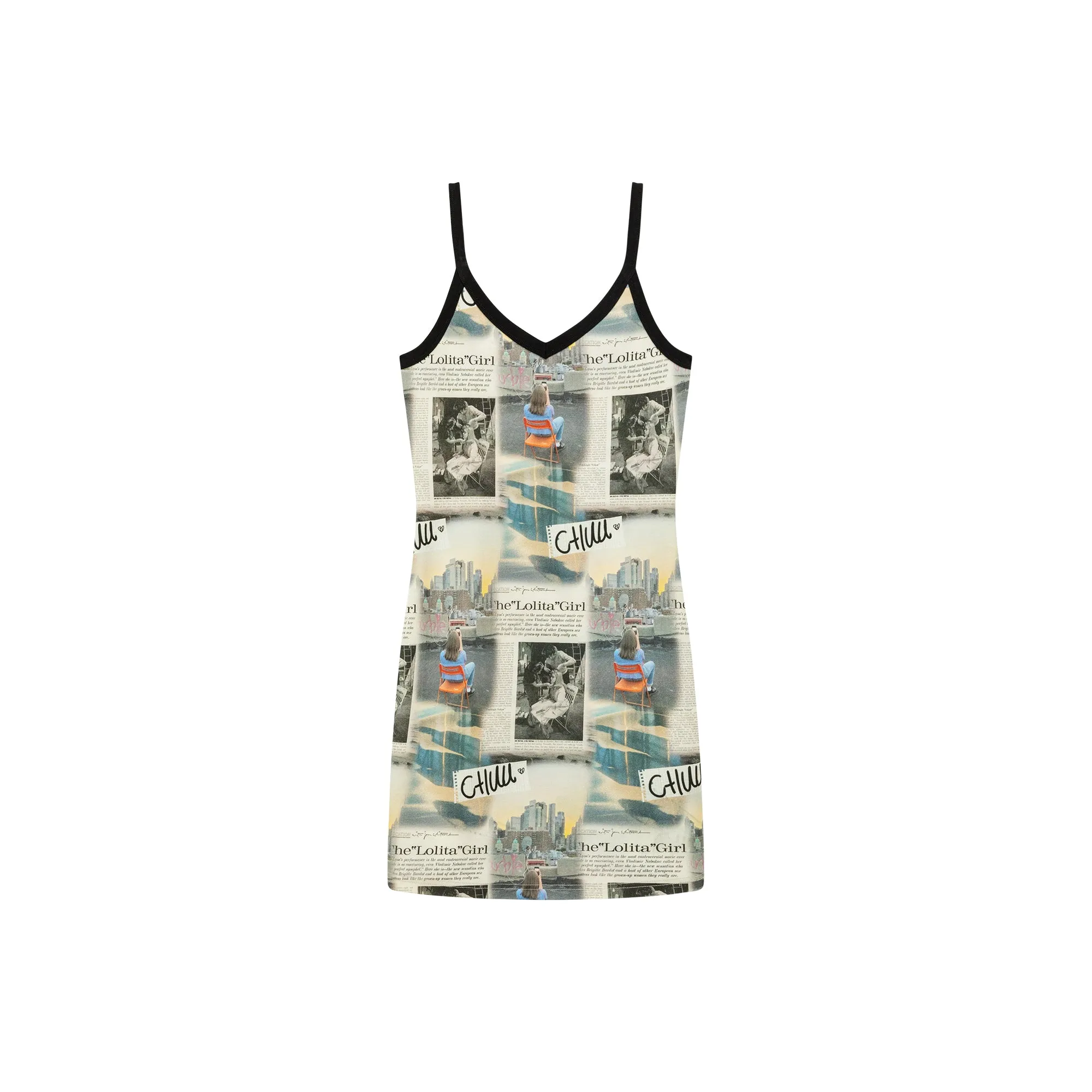 Logo Newspaper V-Neck Strap Mini Dress
