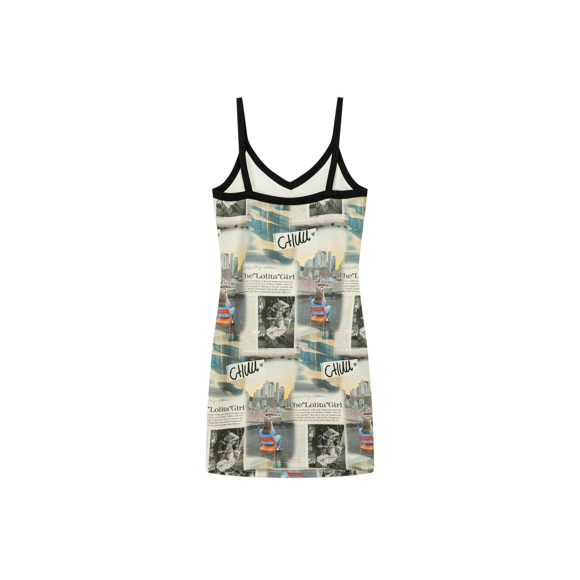 Logo Newspaper V-Neck Strap Mini Dress