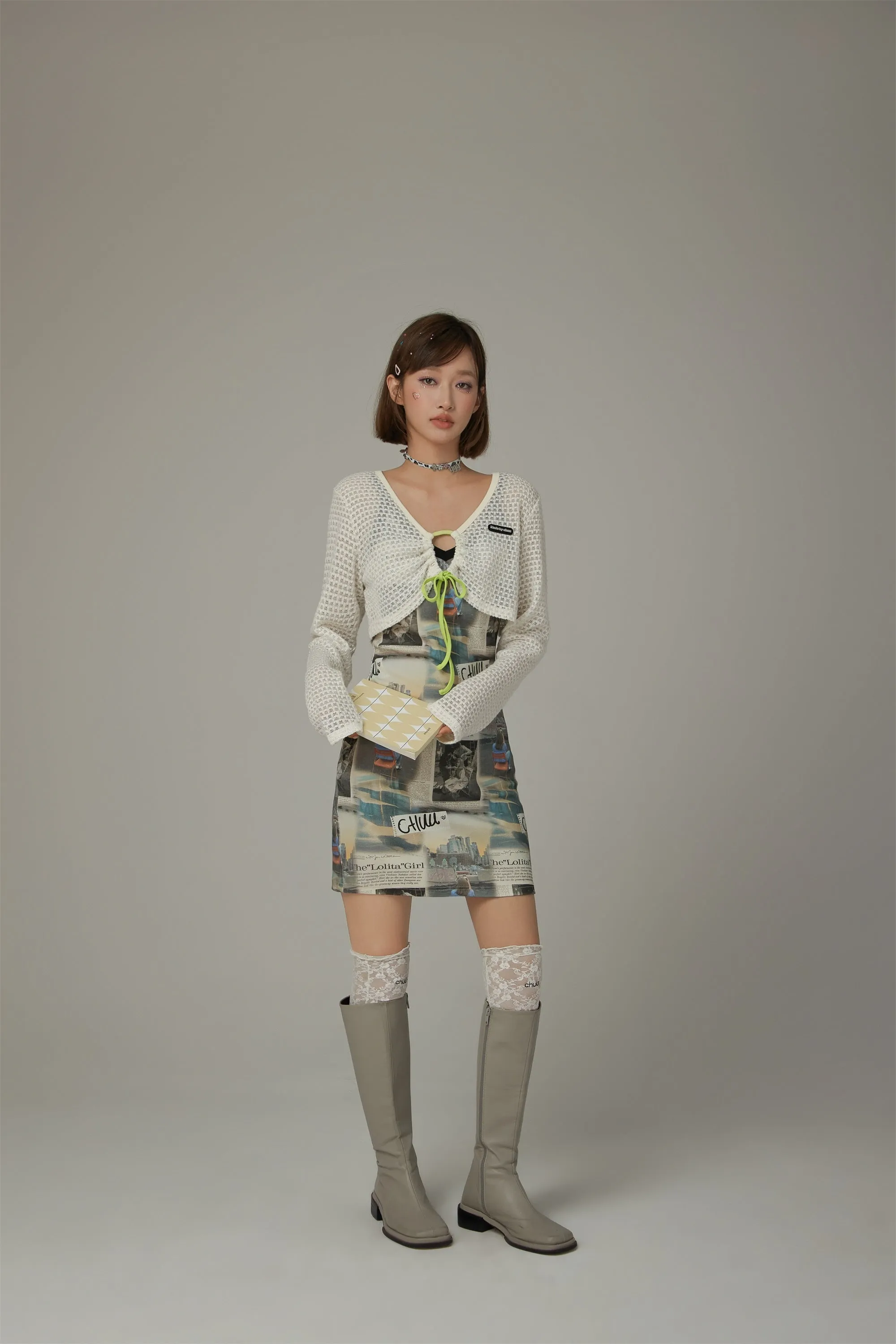 Logo Newspaper V-Neck Strap Mini Dress