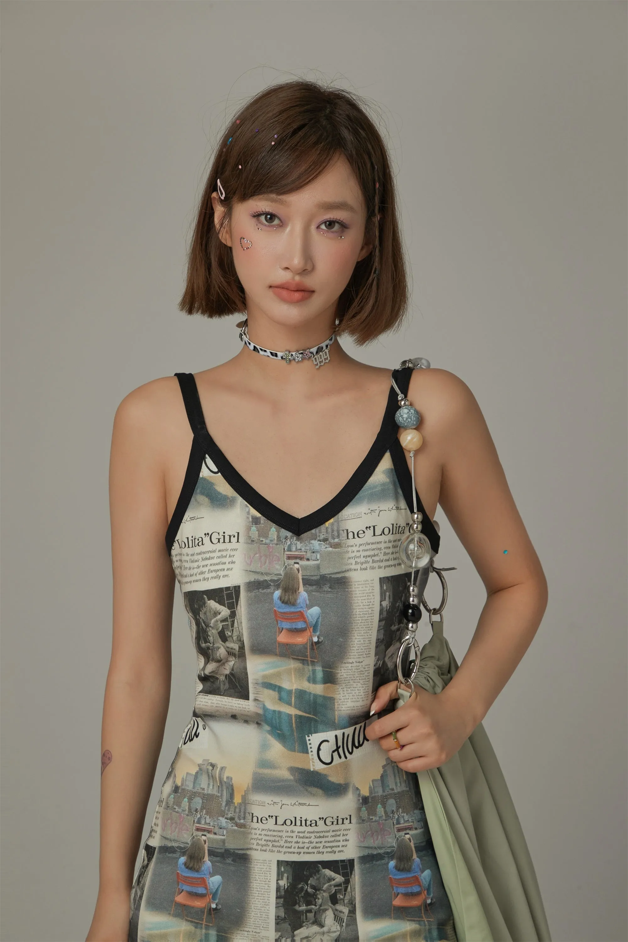 Logo Newspaper V-Neck Strap Mini Dress