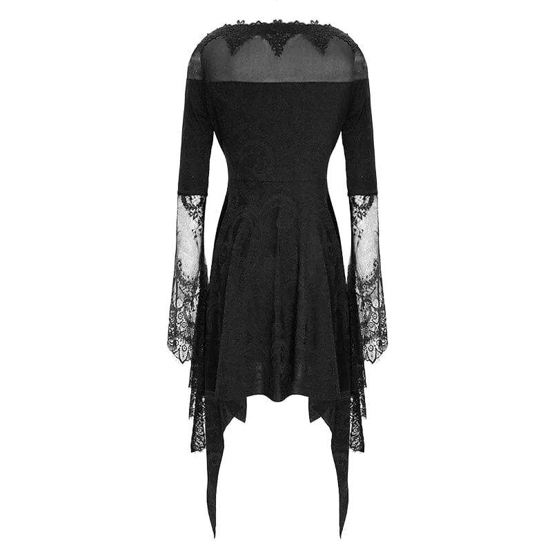 Women's Boat Neck Jacquard Sheer Lace Sleeved Dresses
