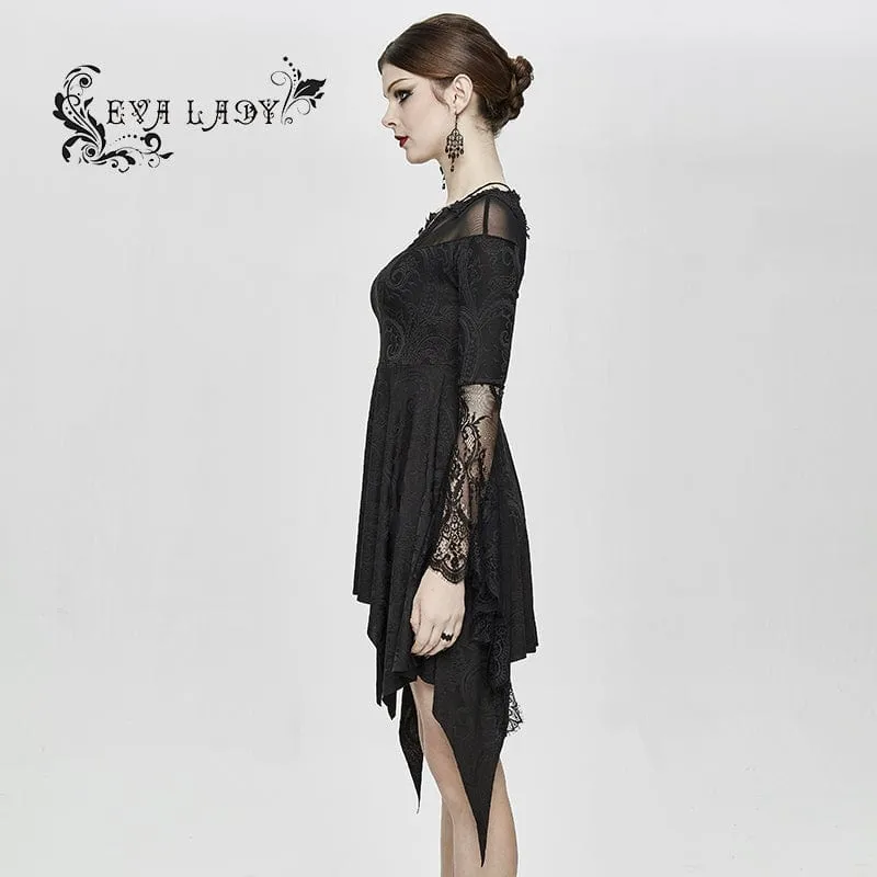 Women's Boat Neck Jacquard Sheer Lace Sleeved Dresses