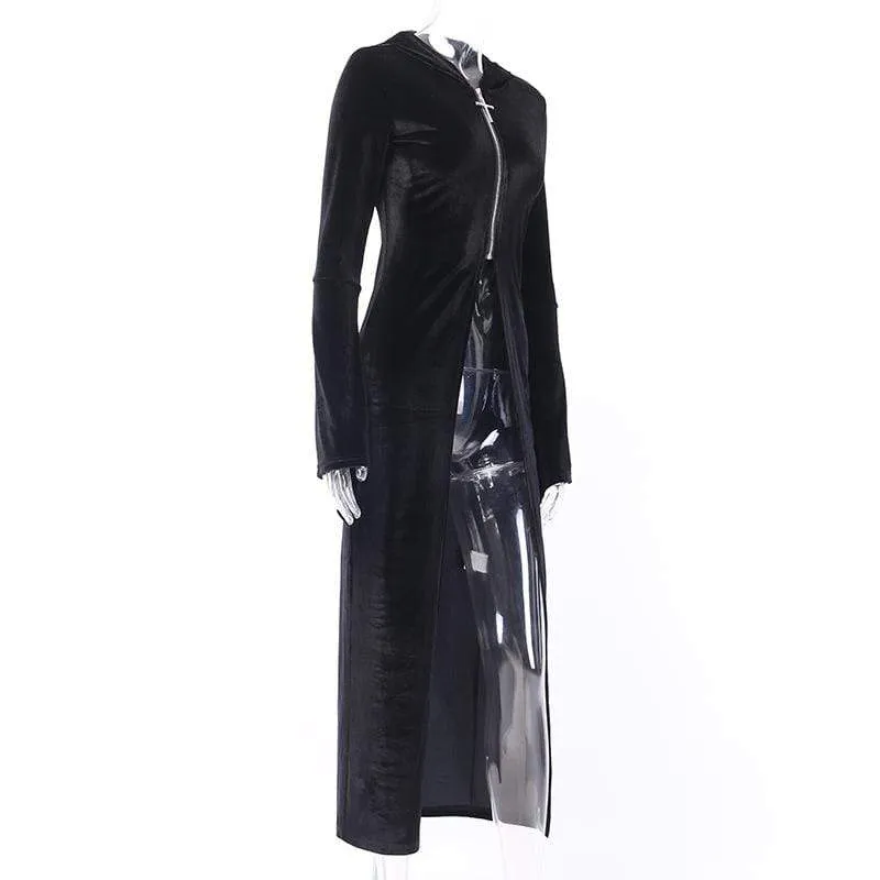 Women's Cross Zipper Fly Hooded Butterfly Sleeved Velvet Dresses