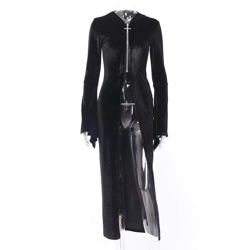 Women's Cross Zipper Fly Hooded Butterfly Sleeved Velvet Dresses