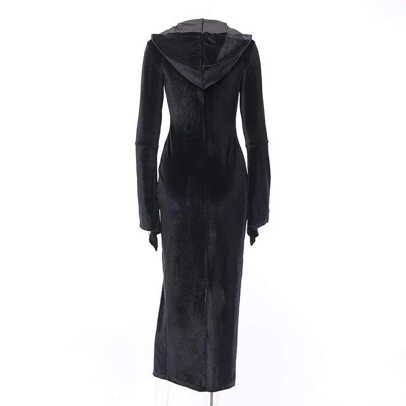 Women's Cross Zipper Fly Hooded Butterfly Sleeved Velvet Dresses